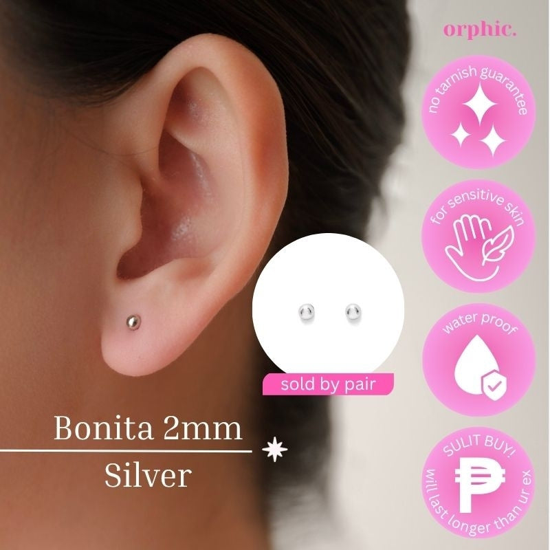 orphic. Melody Hoop and Stud Silver (White gold plated) Earrings Set
