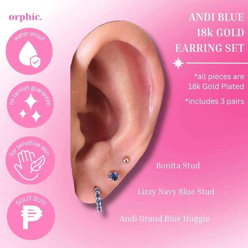 Andi Grand Blue Hoop and Studs 18k Gold Plated Earrings Set