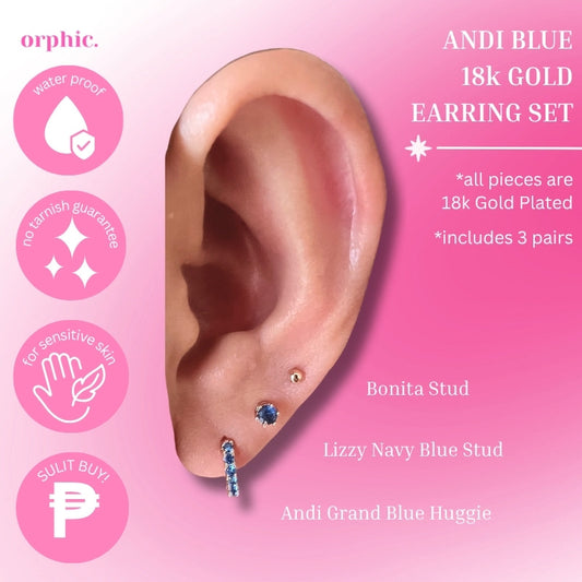 Andi Grand Blue Hoop and Studs 18k Gold Plated Earrings Set