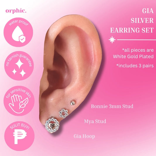 Gia Hoop and Stud Silver (White gold Plated) Earrings Set