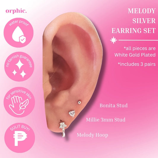 orphic. Melody Hoop and Stud Silver (White gold plated) Earrings Set